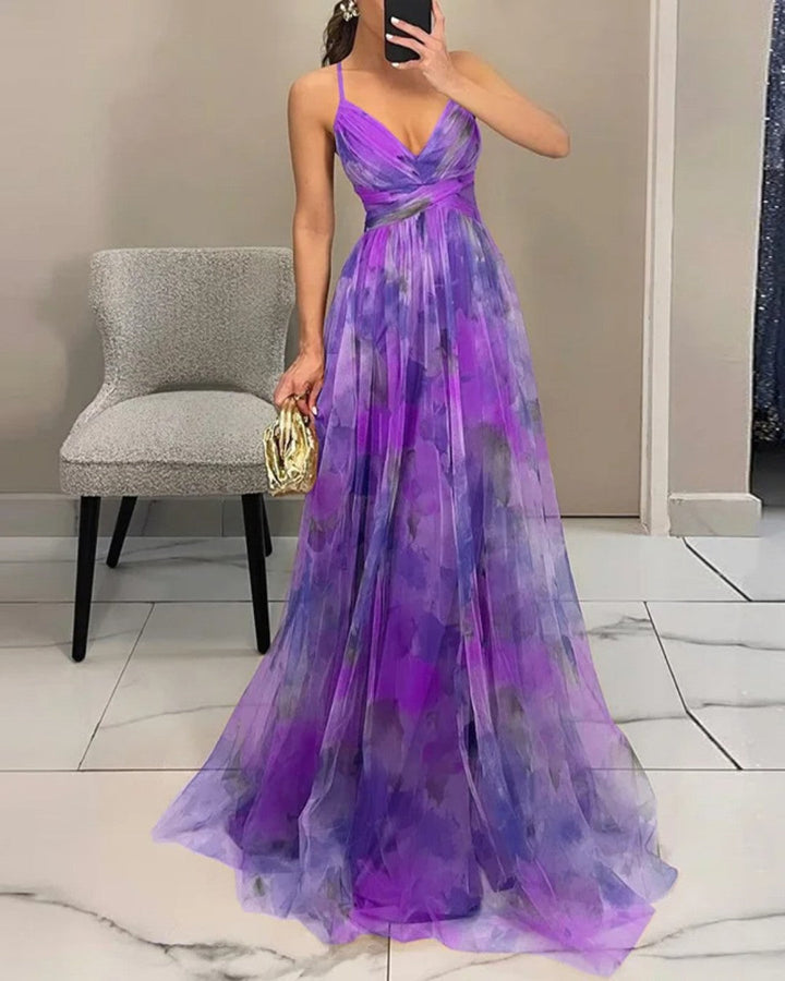 Women's Floral Print Chiffon Cutout V-Neck Backless Maxi Dress