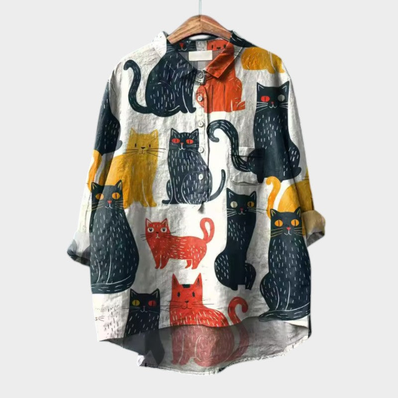 Women’s Linen Cat-Print Long Sleeve Button-Up Blouse