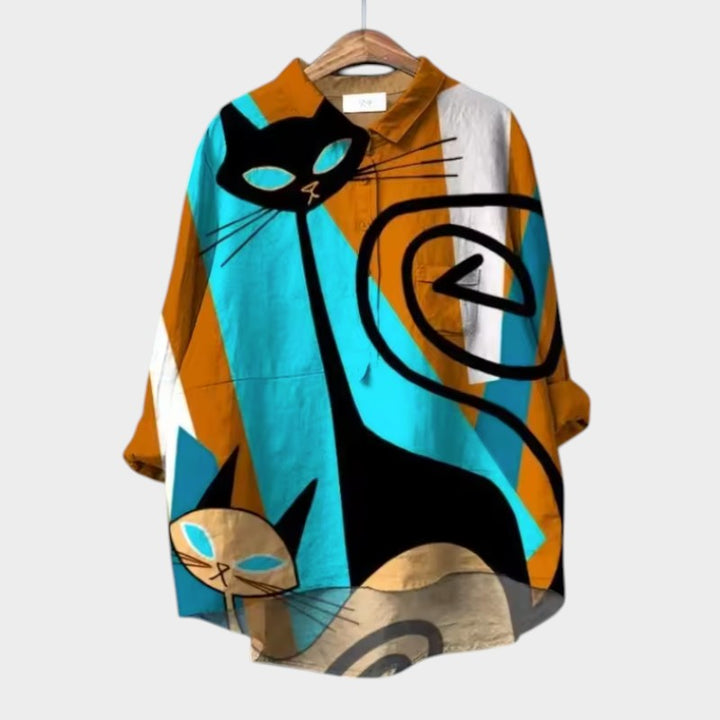 Women’s Linen Cat-Print Long Sleeve Button-Up Blouse