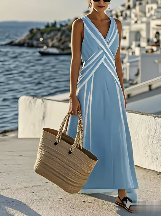 Women's Linen Blend V-Neck Sleeveless A-Line Maxi Dress