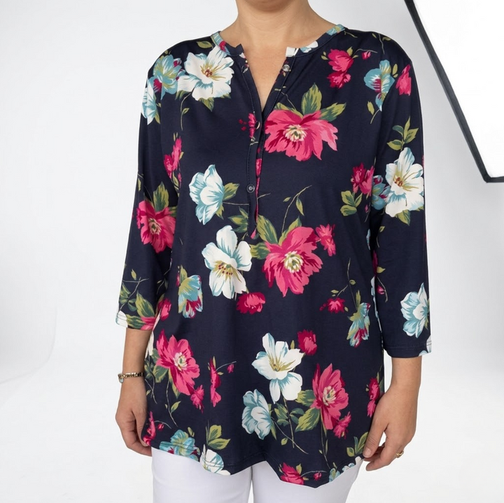 Women's Linen-Blend Printed V-Neck Tunic Blouse