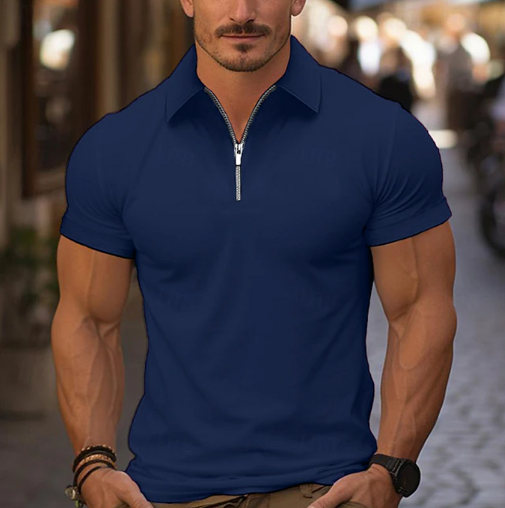 Męska dzianinowa koszulka polo z krótkim rękawem, krótkim zamkiem i dopasowanym kołnierzykiem, fason slim fit