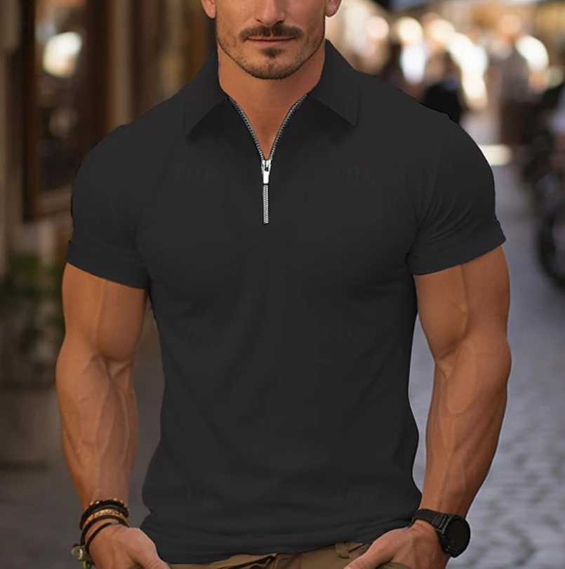 Męska dzianinowa koszulka polo z krótkim rękawem, krótkim zamkiem i dopasowanym kołnierzykiem, fason slim fit