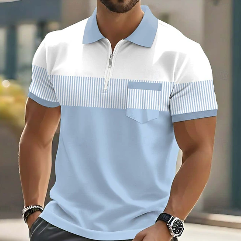 Men's Short Sleeve Zip Polo Shirt Knit Casual Top