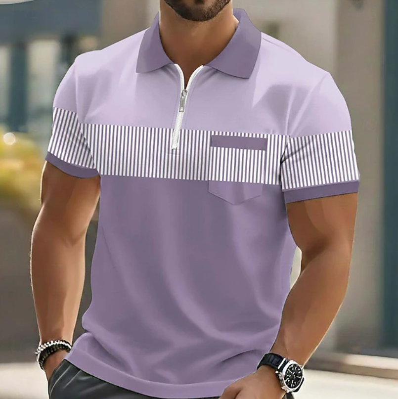 Men's Short Sleeve Zip Polo Shirt Knit Casual Top
