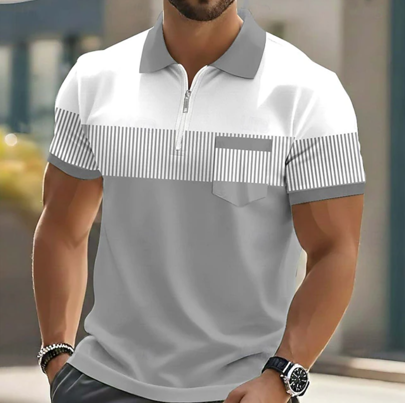 Men's Short Sleeve Zip Polo Shirt Knit Casual Top