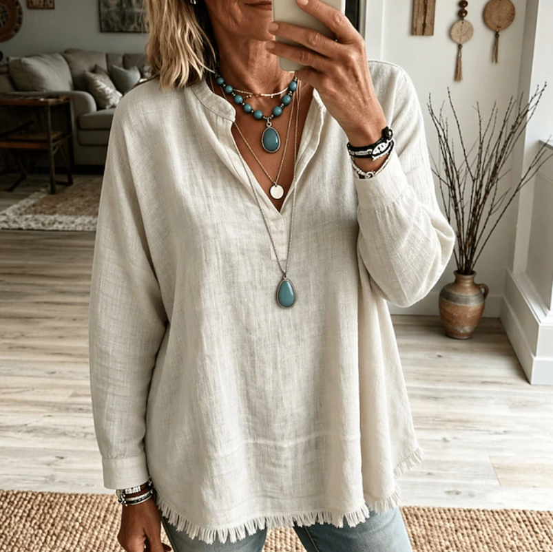 Women's Linen Blend V Neck Blouse Long Sleeve Tunic Top