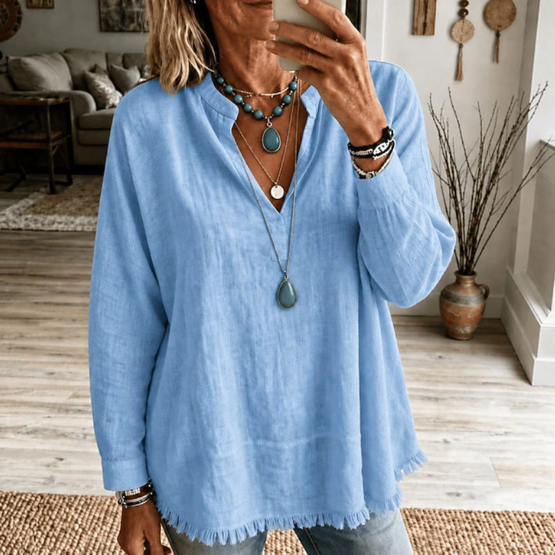 Women's Linen Blend V Neck Blouse Long Sleeve Tunic Top
