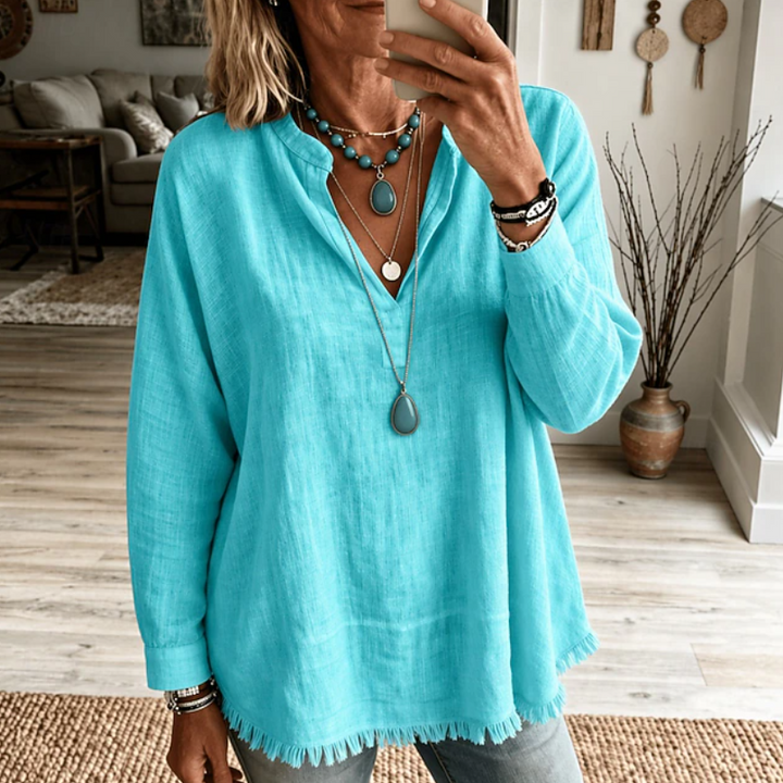 Women's Linen Blend V Neck Blouse Long Sleeve Tunic Top