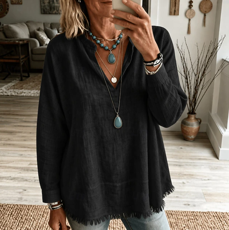 Women's Linen Blend V Neck Blouse Long Sleeve Tunic Top