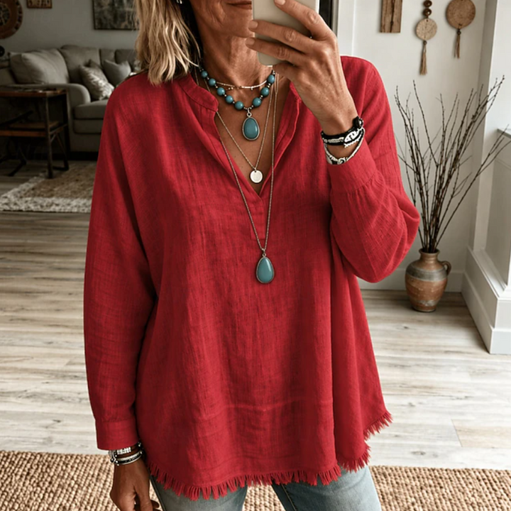 Women's Linen Blend V Neck Blouse Long Sleeve Tunic Top