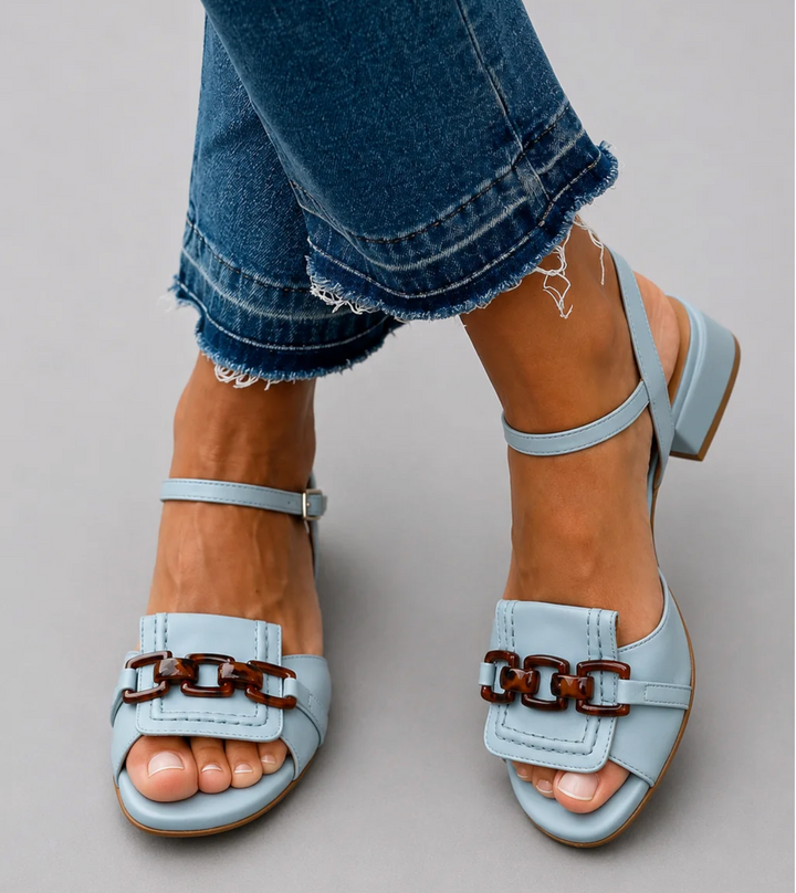 Women's Leather Block Heel Ankle Strap Open Toe Dress Sandals