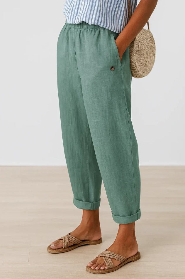 Women's Linen Trousers Loose Fit Casual Pants Elastic Waistband