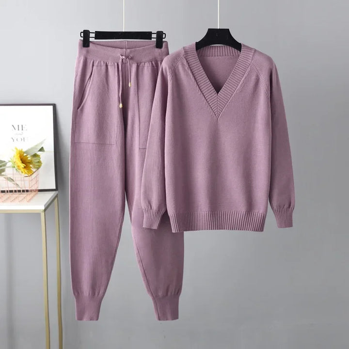 Women's Wool-Knit V-Neck Two Piece Loungewear Set