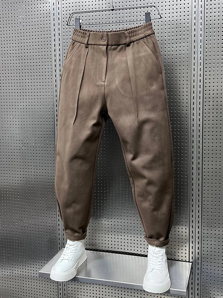 Men's Wool Pleated Tapered Trousers with Elastic Waist