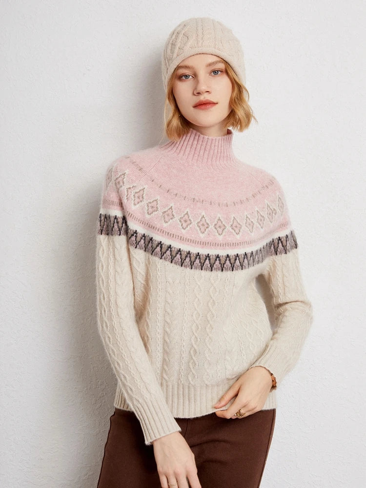 Women's Wool Knit Mock Neck Fair Isle Sweater