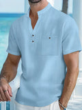 Men's Linen Henley Shirt Short Sleeve Casual Beach Top