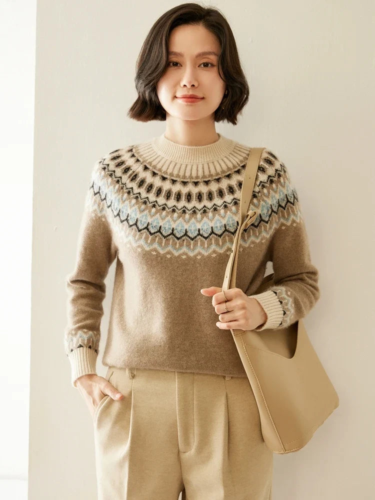 Women's Wool Knit Sweater Pullover Crewneck Fair Isle Knitwear
