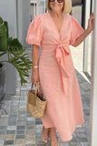 Women's Linen Wrap Midi Dress Short Puff Sleeve V Neck Tie