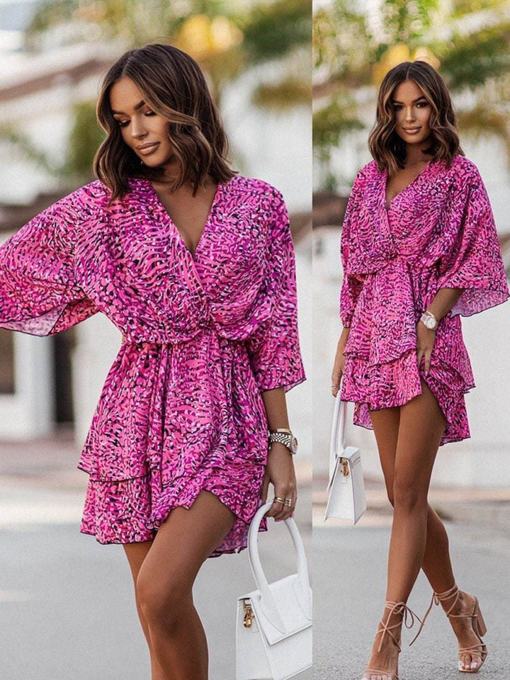Women's Floral Chiffon Mini Dress V-Neck Ruffle Sun Dress