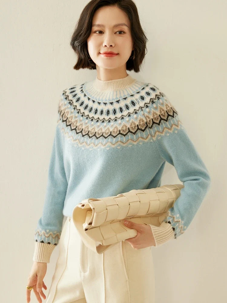Women's Wool Knit Sweater Pullover Crewneck Fair Isle Knitwear