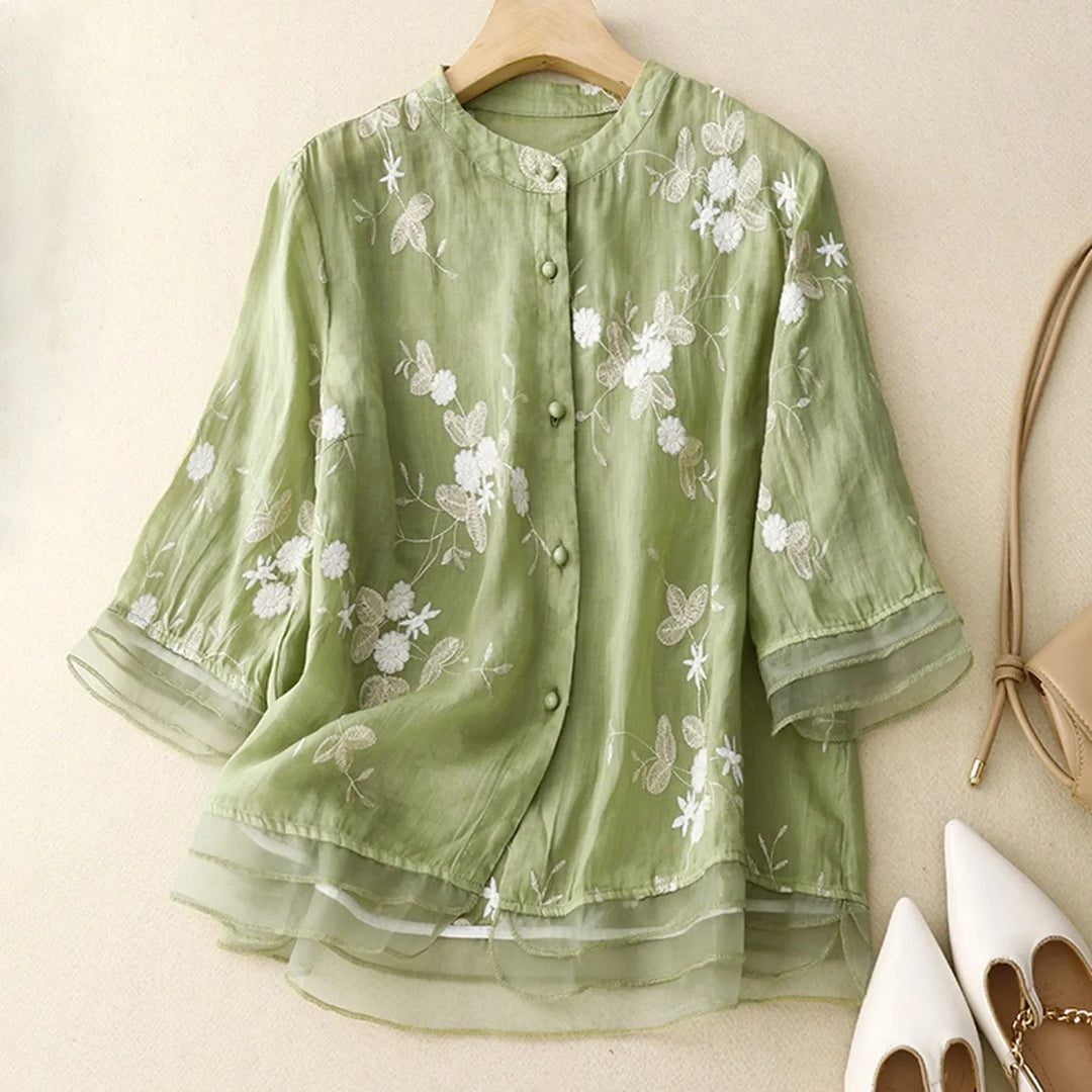 Women's Floral Embroidered Linen Blend Blouse Shirt Top