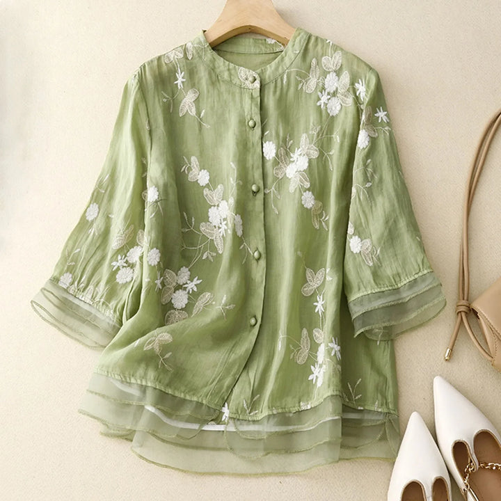Women's Floral Embroidered Linen Blend Blouse Shirt Top