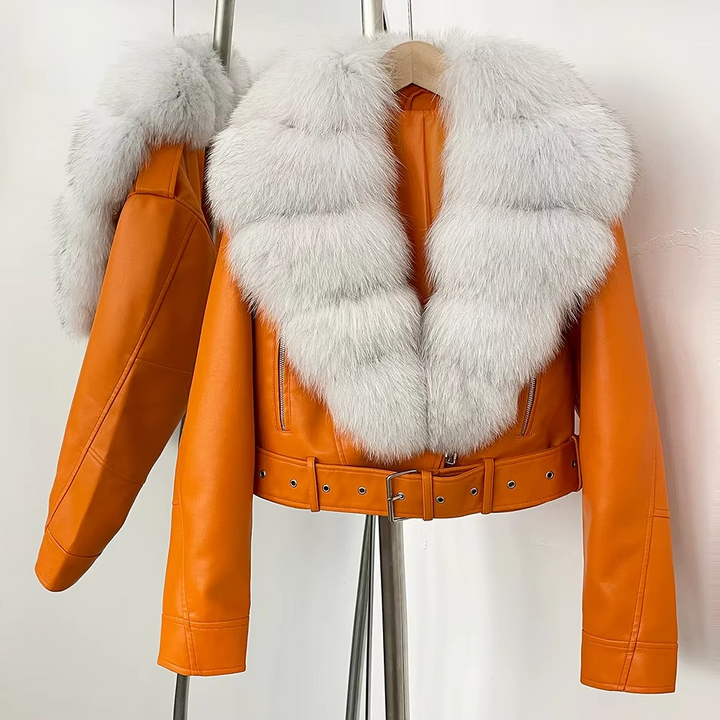 Dámská zkrácená bunda s límcem z umělé kožešiny