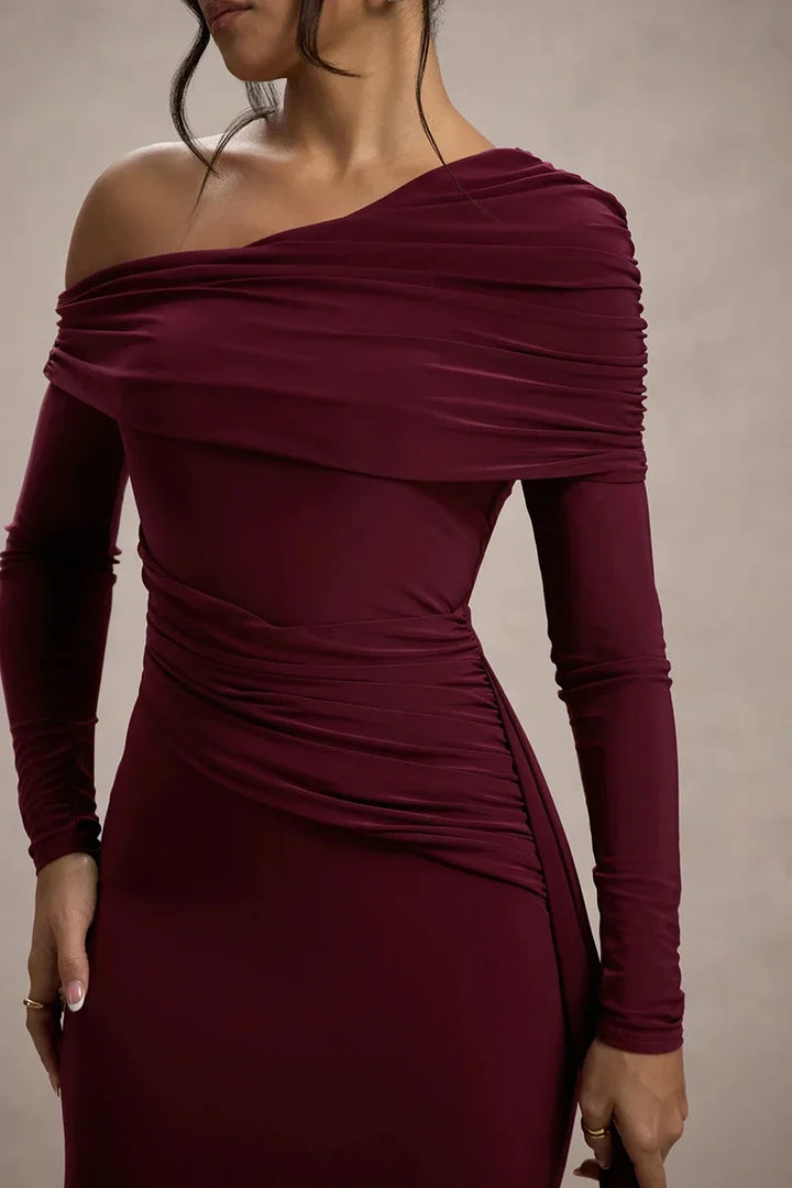 Women Knit Blend Off Shoulder Ruched Asymmetric Evening Maxi Dress