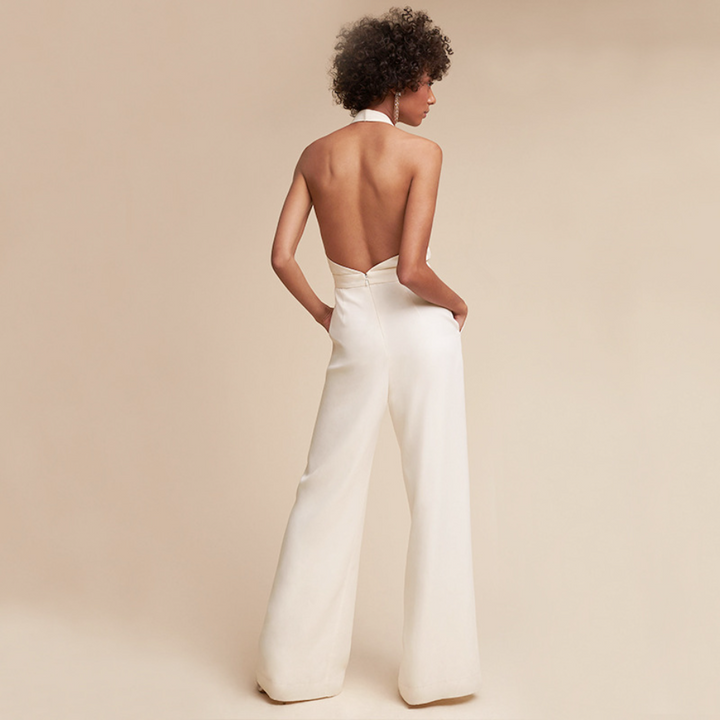 Women’s Linen Blend Wide-Leg V-Neck Jumpsuit