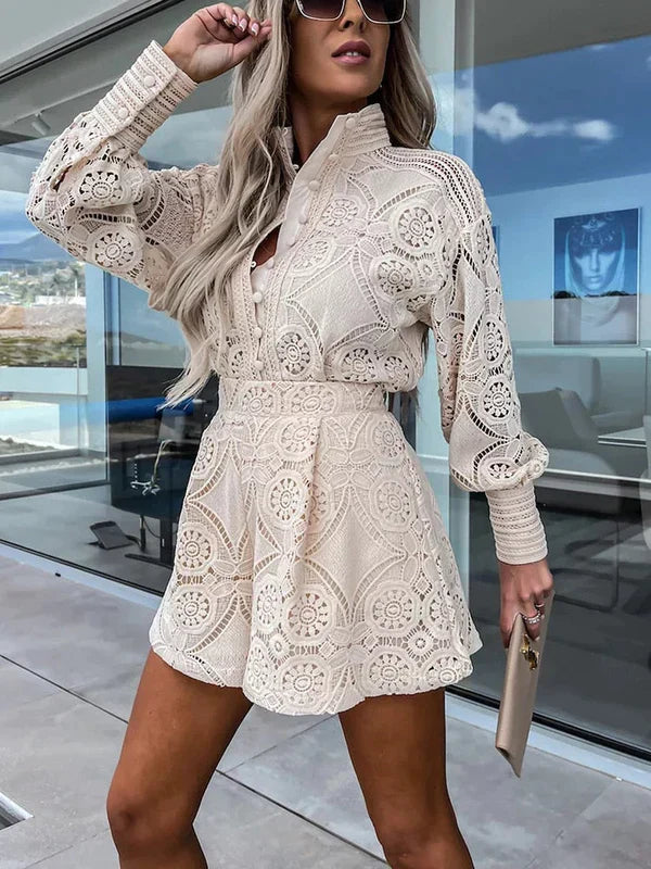 Women's Crochet Lace 2-Piece Set Long Sleeve Shirt and Shorts