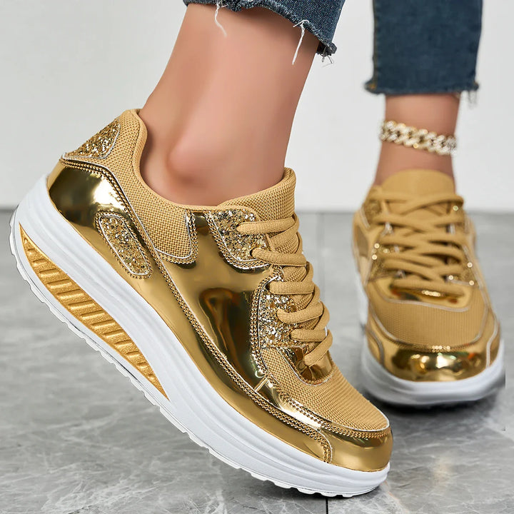 Women's Mesh Platform Wedge Faux Leather Sneakers