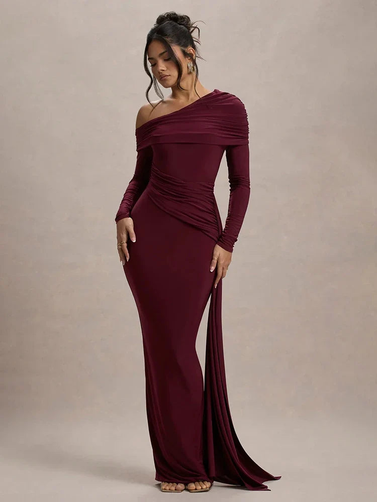Women Knit Blend Off Shoulder Ruched Asymmetric Evening Maxi Dress