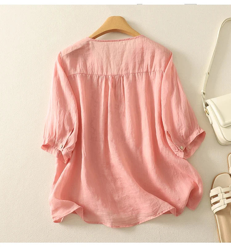 Women's Linen Embroidered Blouse V-Neck Casual Short Sleeve Top