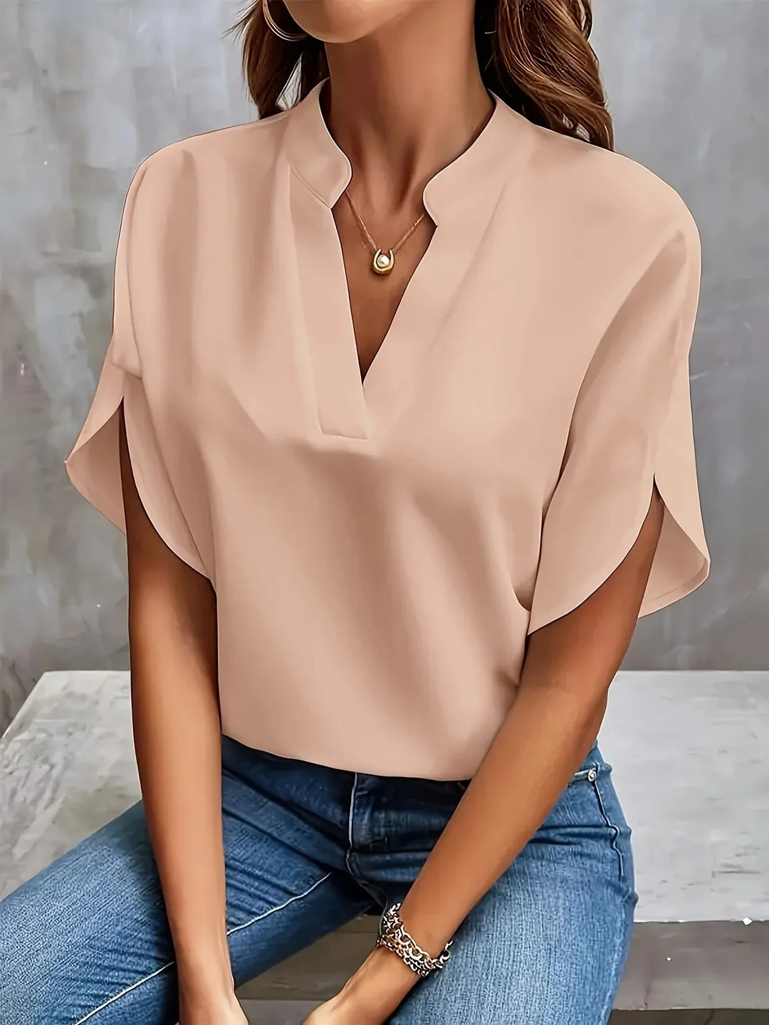 V-Neck Chiffon Women's Blouse with Short Petal Sleeves