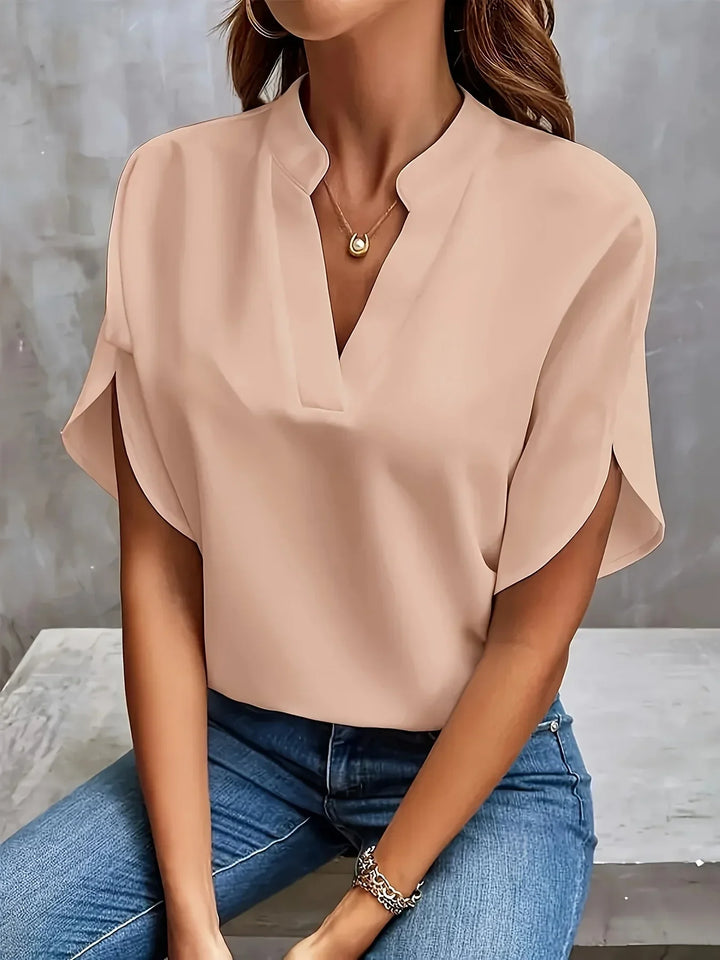 V-Neck Chiffon Women's Blouse with Short Petal Sleeves