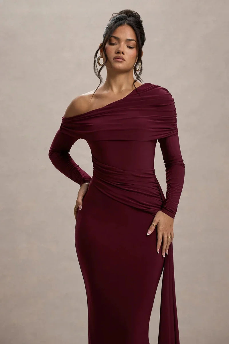 Women Knit Blend Off Shoulder Ruched Asymmetric Evening Maxi Dress