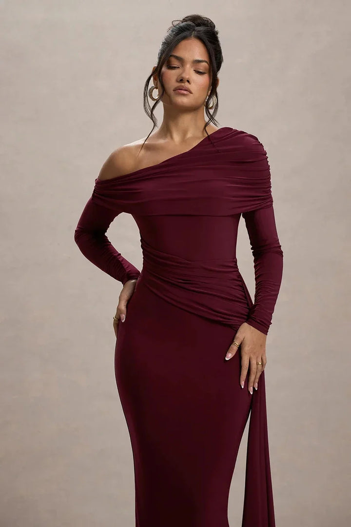 Women Knit Blend Off Shoulder Ruched Asymmetric Evening Maxi Dress