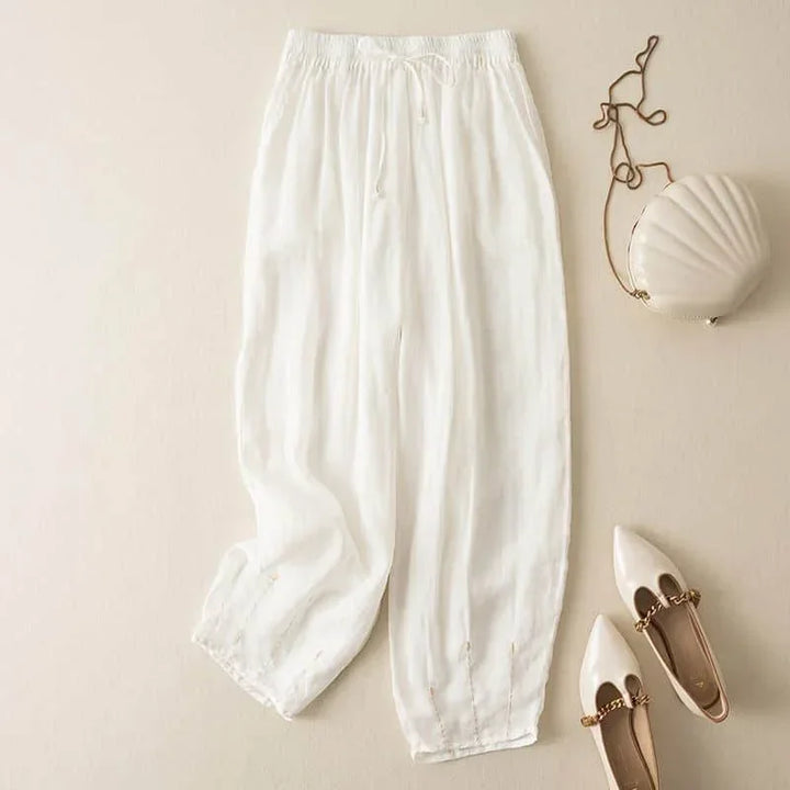 Pantalon en lin pour femme, coupe ample, jambe large, avec cordon de serrage