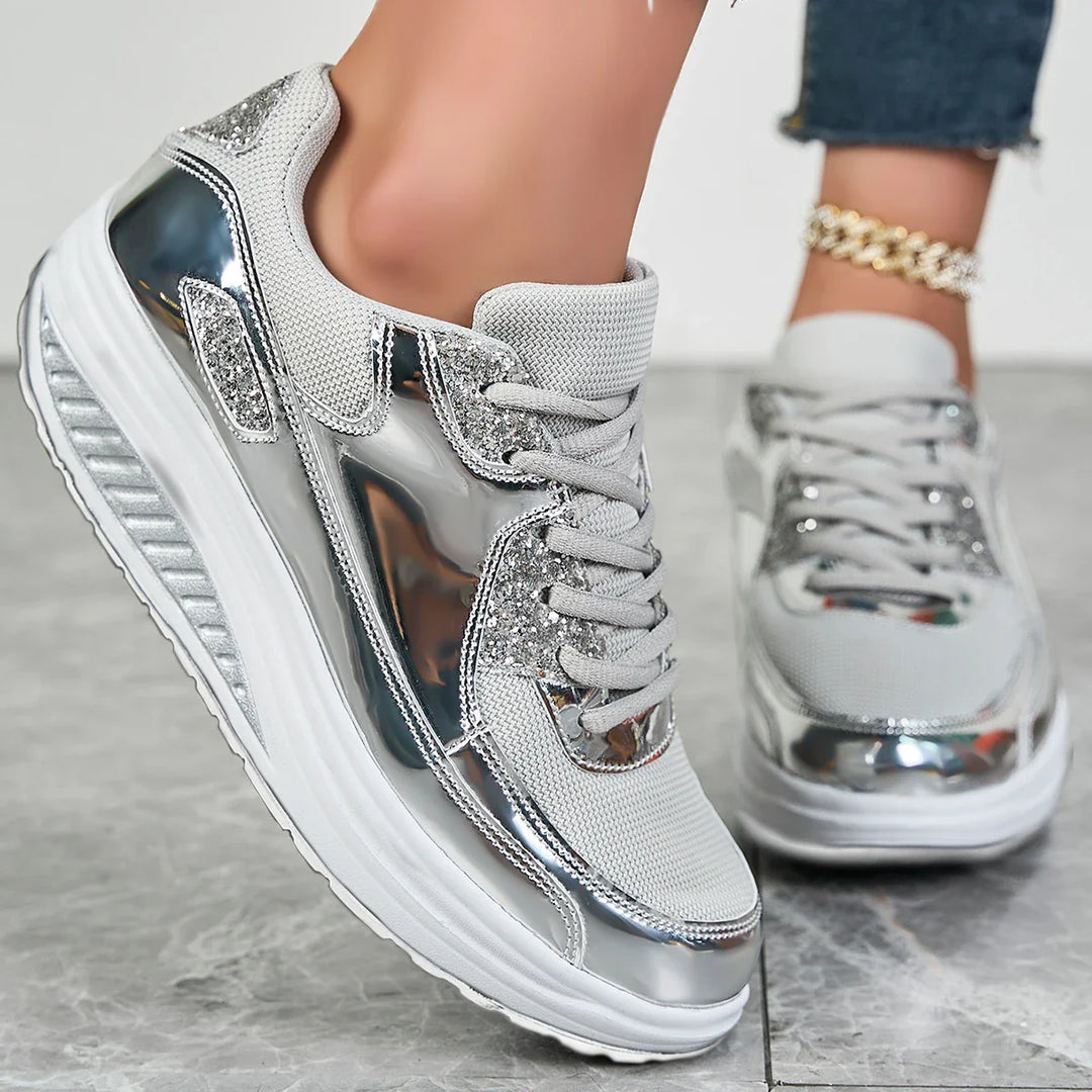 Women's Mesh Platform Wedge Faux Leather Sneakers
