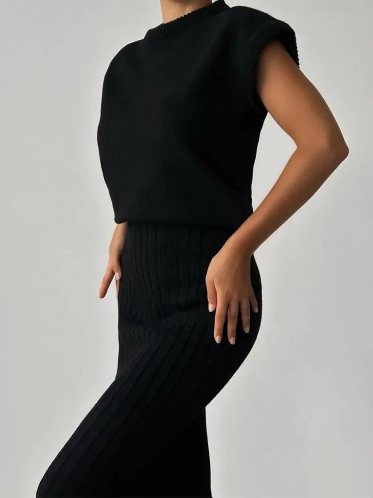 Women Knit Midi Skirt and Short Sleeve Top Two- Piece Set