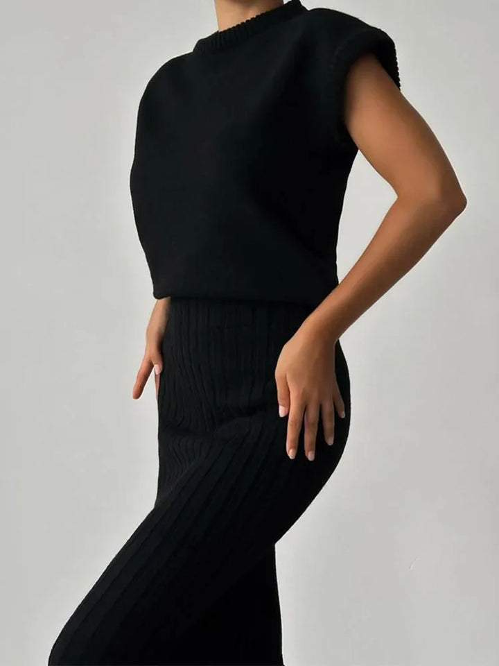 Women Knit Midi Skirt and Short Sleeve Top Two- Piece Set