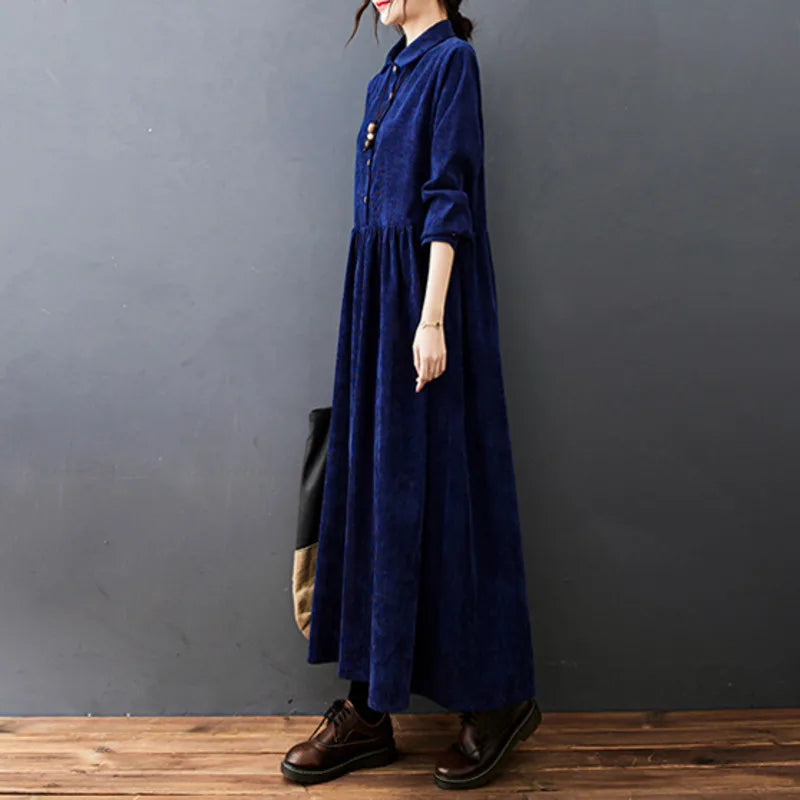 Women's Linen Maxi Dress Shirt Casual Loose Long Sleeve Casual Sundress
