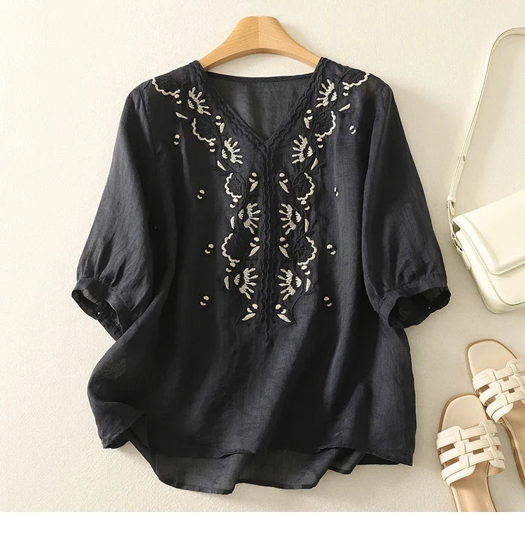 Women's Linen Embroidered Blouse V-Neck Casual Short Sleeve Top