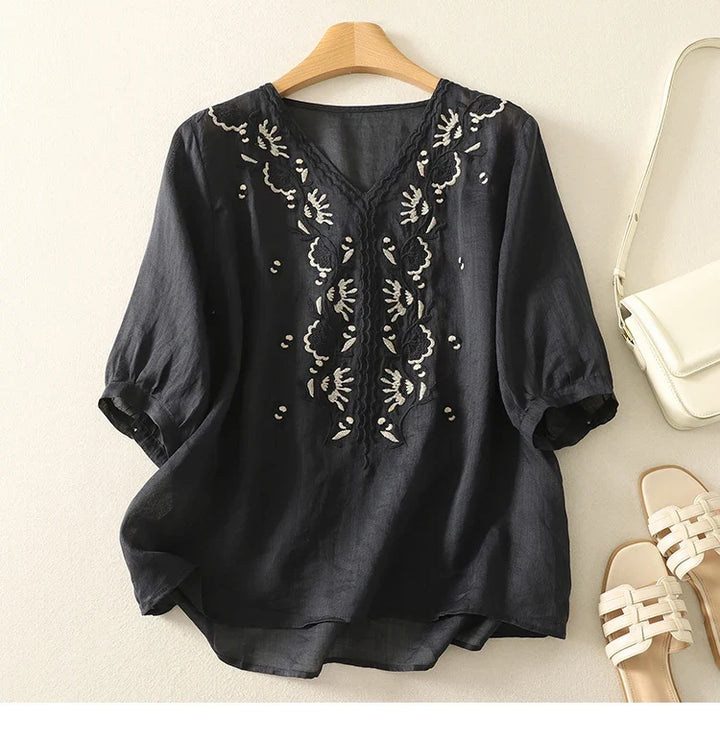 Women's Linen Embroidered Blouse V-Neck Casual Short Sleeve Top