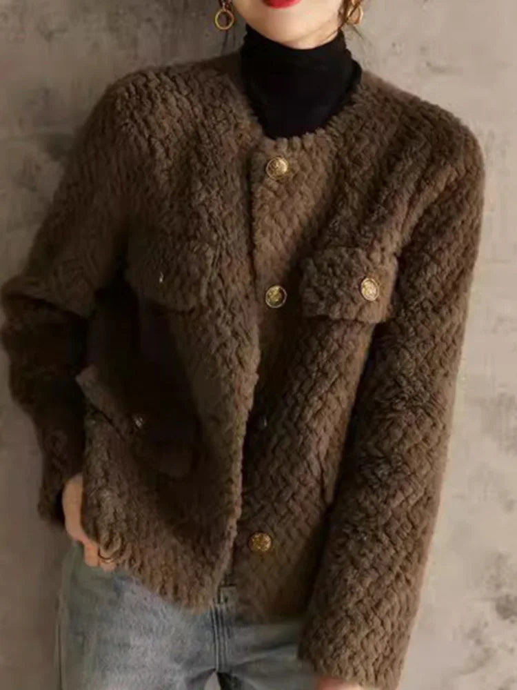 Women's Wool Tweed Jacket Knit Cardigan Outerwear Top