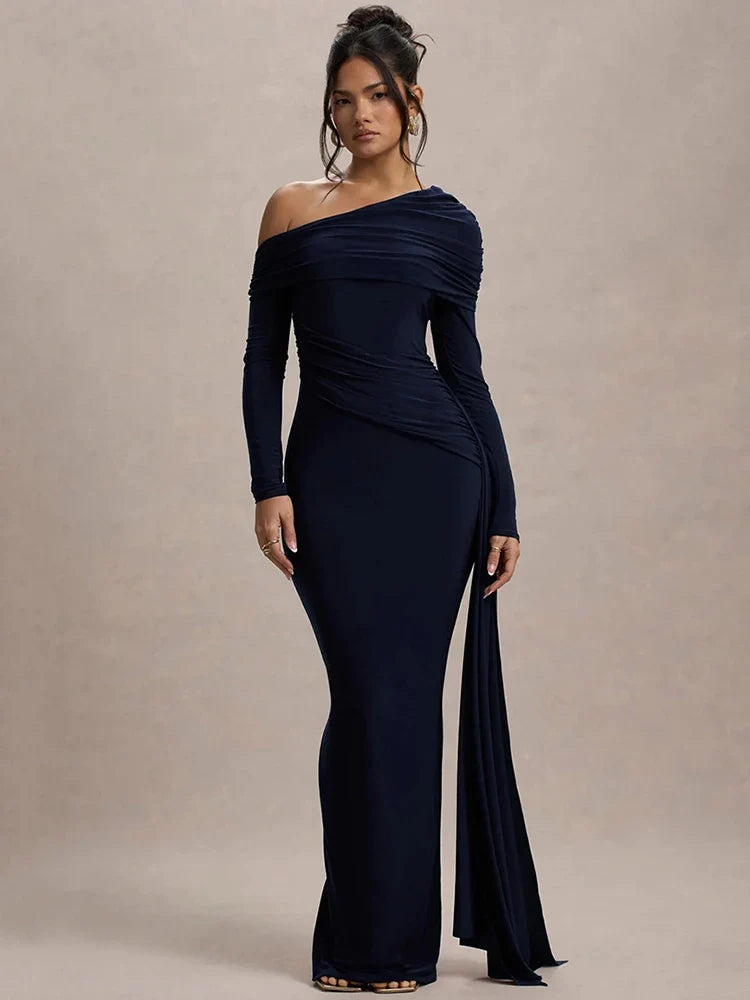 Women Knit Blend Off Shoulder Ruched Asymmetric Evening Maxi Dress