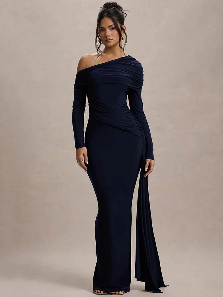 Women Knit Blend Off Shoulder Ruched Asymmetric Evening Maxi Dress