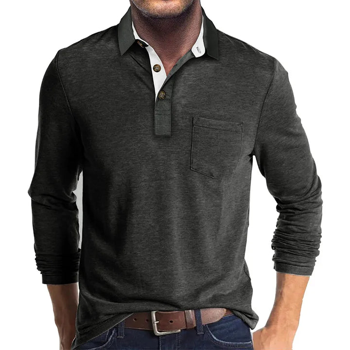 Men's Knit Long Sleeve Polo Shirt Pullover Top