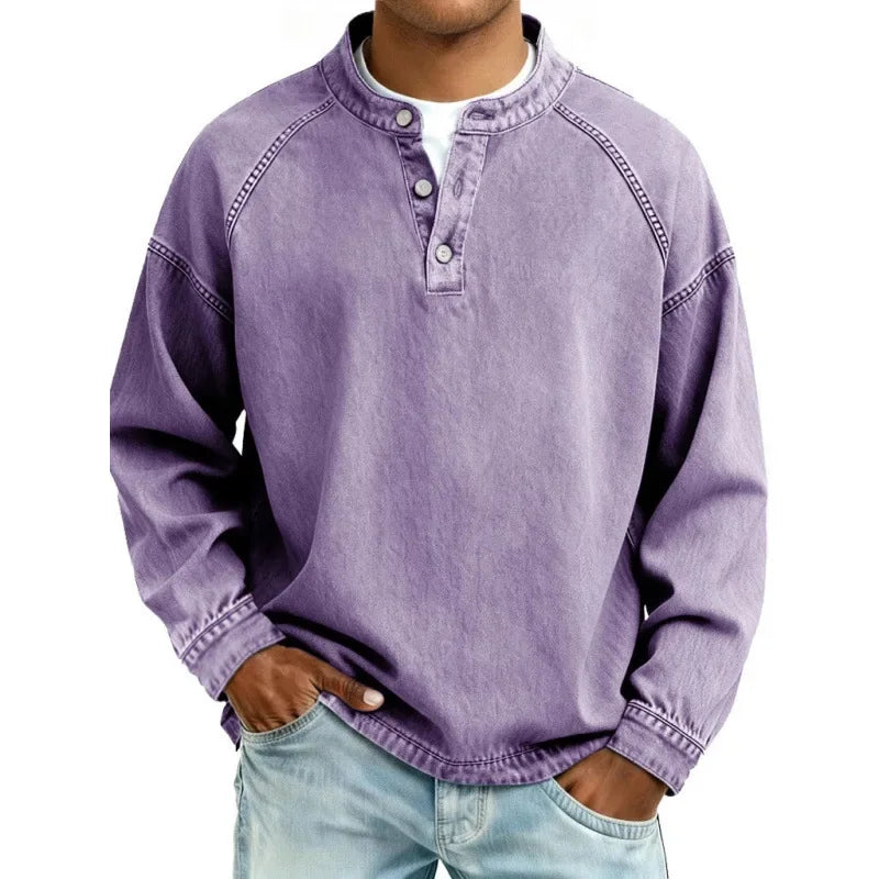 Men’s Denim Henley Collarless Long-Sleeve Shirt